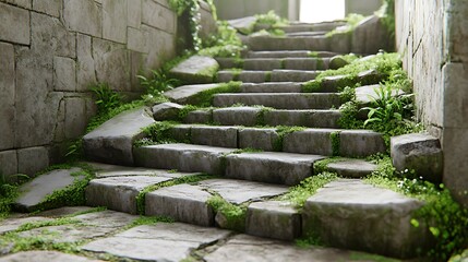 Stone stairs overgrown.