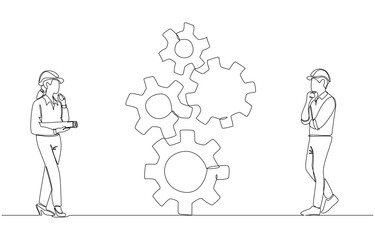 Continuous one line drawing of two young engineers looking at gear mechanism and thinking, inspection of engineering mechanism in industry concept, single line art