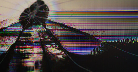Mesh monitor. TV scratch. Display distortion with shimmering color lines. Overlay damaged glitch...