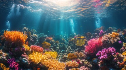 Obraz premium Vibrant coral reef, sunlit ocean, colorful marine life.