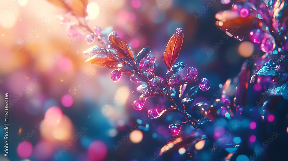 Aufkleber Close-up of vibrant, dew-covered branch with colorful bokeh background.