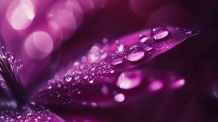 Water drops on flower petals, macro shot, bokeh background.