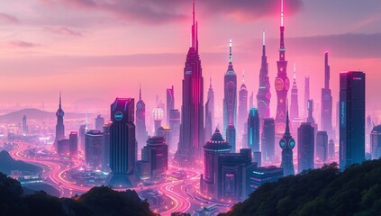 dazzling high-tech city in vivid colors