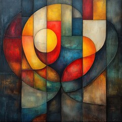 Abstract geometric painting, warm and cool tones.