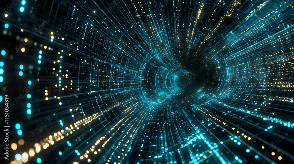 Poster abstract circular tunnel with flowing dots.
