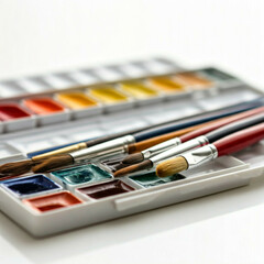 Obraz premium paintbrushes and watercolor palette on white background close up