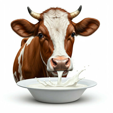 brown and white cow pouring milk into a white bowl with a splash