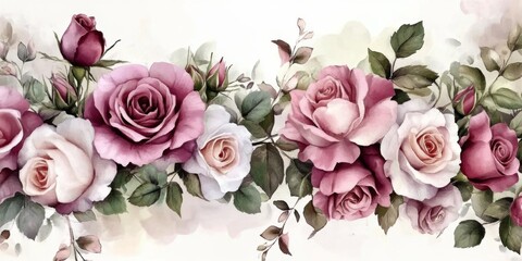 A romantic border of watercolor roses perfect for any design project.