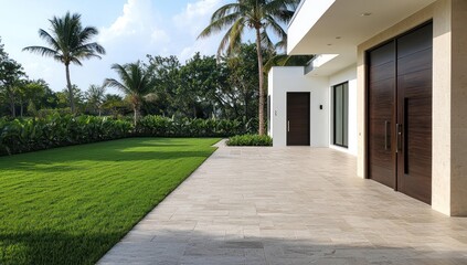 Fototapeta premium Contemporary home with a paver driveway, palm trees, and doors in brown and white.