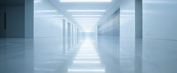 Obraz premium A sleek, modern corridor with bright lighting and reflective flooring.