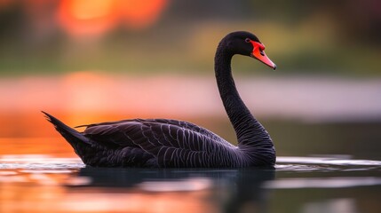 A graceful black swan glides serenely across a shimmering lake at sunset. this serene image emphasizes the birds elegant posture and smooth ripples in the water. 