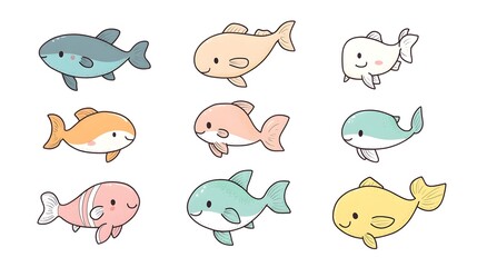 Nine Adorable Cartoon Fish Swim Joyfully Together