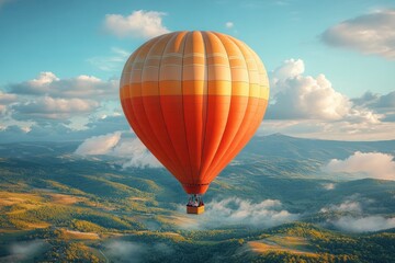 Obraz premium Hot air balloon soars over misty mountains.