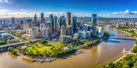Naklejka premium Cityscape aerial view of Brisbane from South Bank, Brisbane, Australia, skyline, cityscape, aerial, view, South Bank