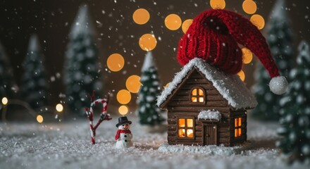 Miniature cozy winter cabin, red knitted hat on roof, snowy scene, warm glow from windows