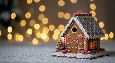 Gingerbread house, snow, winter scene, bokeh lights, soft focus, cozy atmosphere, festive