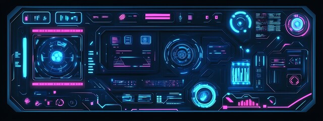 Fototapeta premium Futuristic neon blue and pink digital interface dashboard.