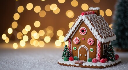 Gingerbread house, snow, winter scene, bokeh lights, soft focus, cozy atmosphere, festive