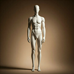 white male mannequin standing against a brown background  in a studio setting  ready for fashion display  and advertising