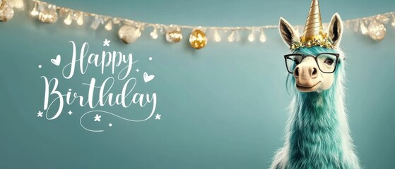 Happy Birthday Unicorn Llama with Lights and Festive Decor
