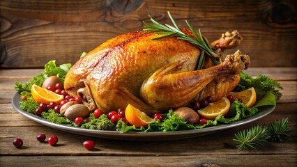 Roasted Thanksgiving turkey on a platter with garnishes, Thanksgiving, turkey, holiday, feast, meal, food, dinner
