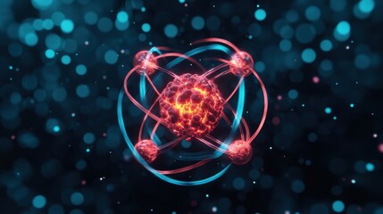 Obraz premium A vibrant illustration of an atom, showcasing electrons orbiting a nucleus, set against a blurred, glowing background.