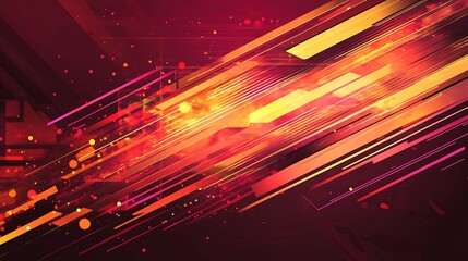 Abstract red and orange diagonal lines, glowing particles, and geometric shapes on dark background.