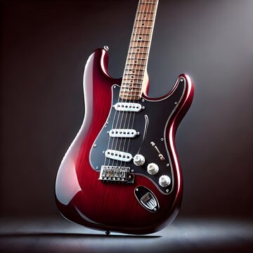 Striking Wine Red Super Strat Guitar with Glossy Finish on a Dark Backdrop for Music Industry Photography