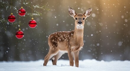 Obraz premium Young fawn in snow, adorable baby deer, winter wonderland, soft bokeh background, falling
