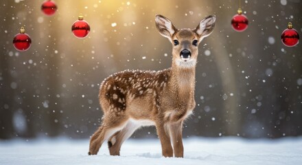 Obraz premium Young fawn in snow, adorable baby deer, winter wonderland, soft bokeh background, falling