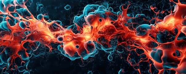 Fototapeta premium A vibrant abstract image showcasing colorful cellular structures interconnected by glowing filaments against a dark background.