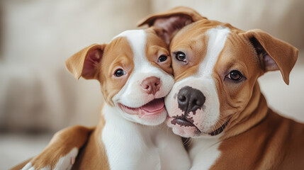 Cheerful American Bulldog puppies snuggling together, showcasing their playful bond and affection. Their expressive faces radiate joy and warmth, perfect for pet lovers