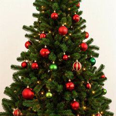 christmas tree decorated with red and green ornaments  against a white background