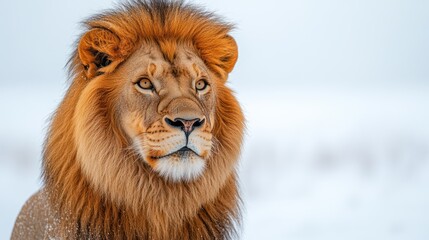 Obraz premium Majestic male lion with a thick, reddish-gold mane, looking intently, in a snowy landscape.