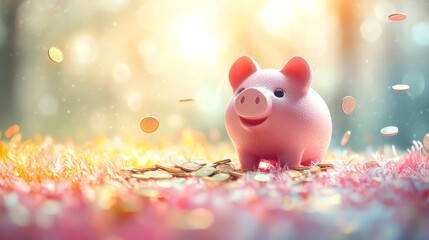 A cute piggy bank surrounded by coins in a vibrant nature setting.
