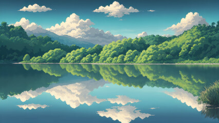 Illustration of an anime landscape background featuring soft clouds reflecting on a calm lake with vibrant greenery surrounding it.

