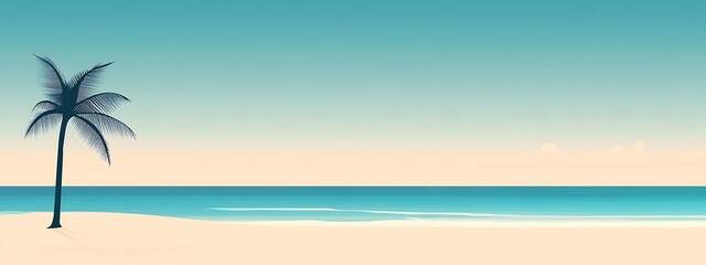 Obraz premium Serene beach scene with single palm tree, tranquil ocean, and clear sky.