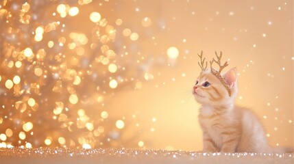 Festive Kitten with Antler Headband Sitting in Front of Glowing Christmas Tree, Adding Charm and Joy to the Holiday Season - Perfect for Posters, Flyers, Web and Vet Cards