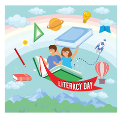 Happy Literacy Day. A Boy and a Girl Fly Over a Book. Reading Books Becomes an Adventure.