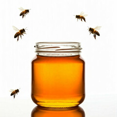 jar of honey and bee flying around 