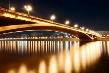Fototapeta premium Illuminated bridge by night with city reflections.