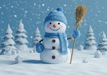 Cheerful snowman, blue knit hat, scarf, mittens, holding broom, snow-covered landscape