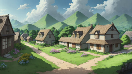 Illustration of an anime landscape background showcasing a quiet village surrounded by lush greenery and tranquil forest trails..