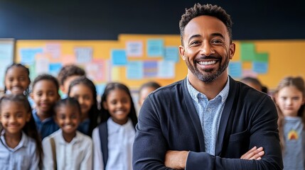 A smiling teacher stands proudly with a diverse group of students in a classroom setting.