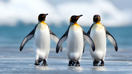Fototapeta premium Three playful penguins walking on ice.
