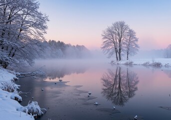 Fototapeta premium Winter wonderland, serene frozen lake, snow-covered trees, misty atmosphere, soft pink