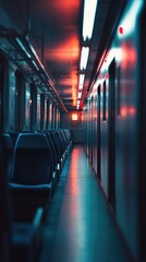 Dimly lit train interior with empty seats and a moody atmosphere in a cinematic perspective. Travel and solitude concept
