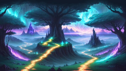 Illustration of an anime landscape background filled with fantasy adventure vibes, featuring glowing paths winding through mystical terrain..