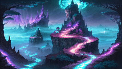 Illustration of an anime landscape background filled with fantasy adventure vibes, featuring glowing paths winding through mystical terrain..
