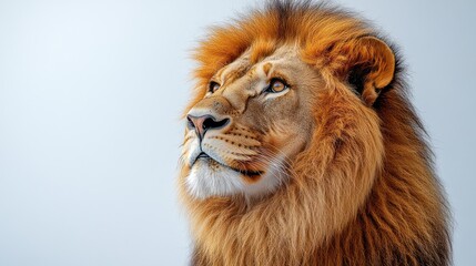 Fototapeta premium Majestic male lion looking upward against a light gray background.